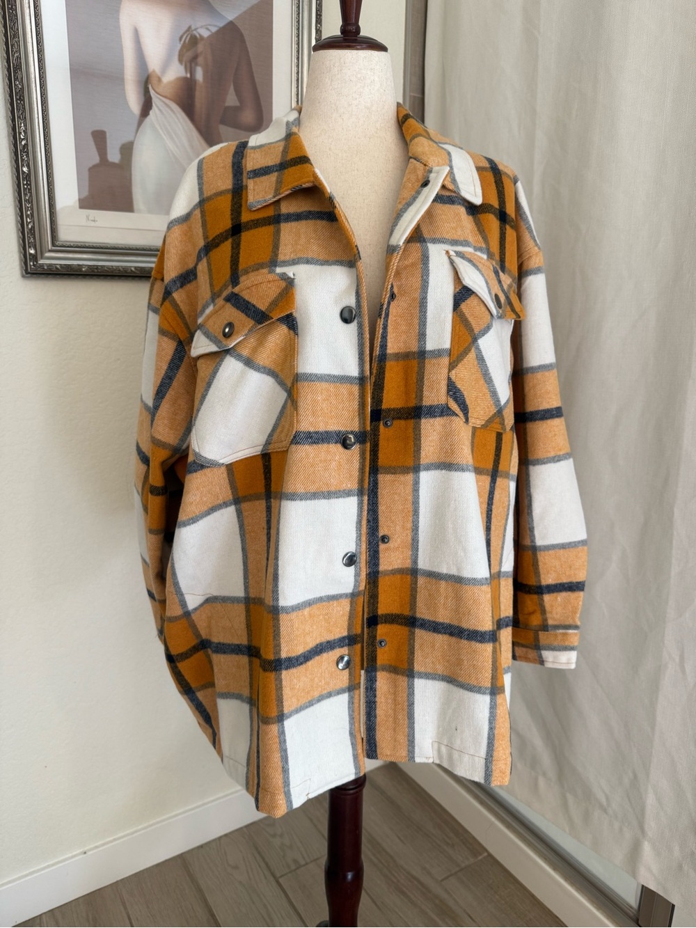 Women's Oversized Plaid Utility Shacket Jacket - Mustard & White